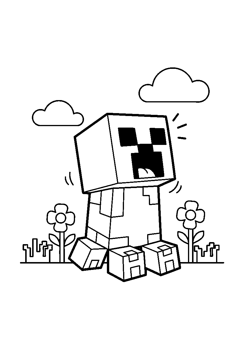 minecraft creeper roaring playfully in a meadow line art