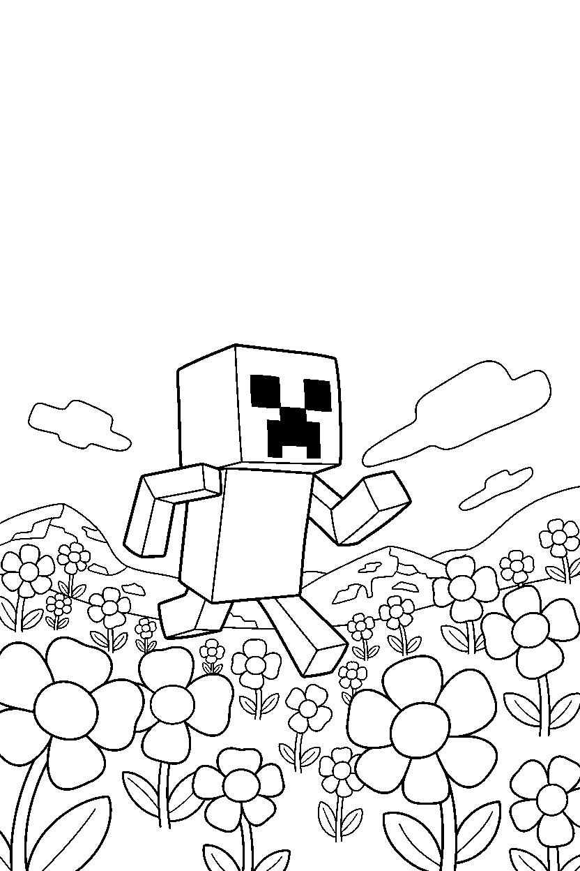 minecraft creeper running in flower field line art