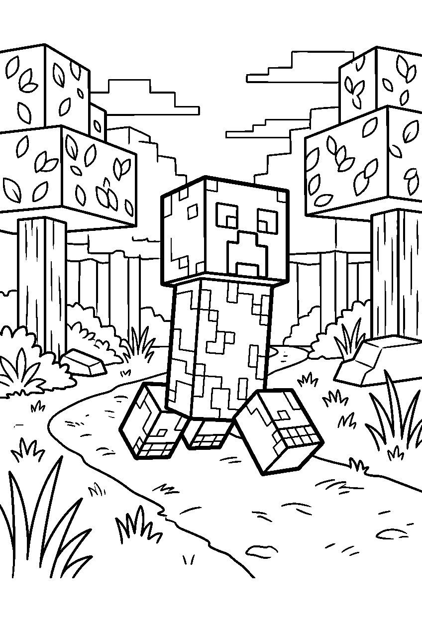 minecraft creeper running in forest line art