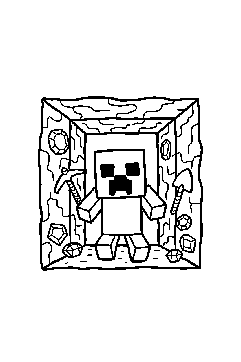 minecraft creeper running in mining tunnel line art