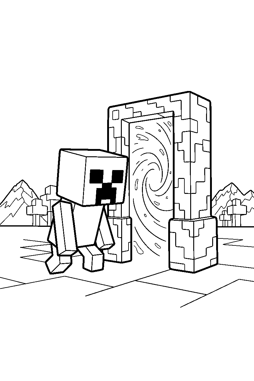 minecraft creeper searching carefully near a portal line art