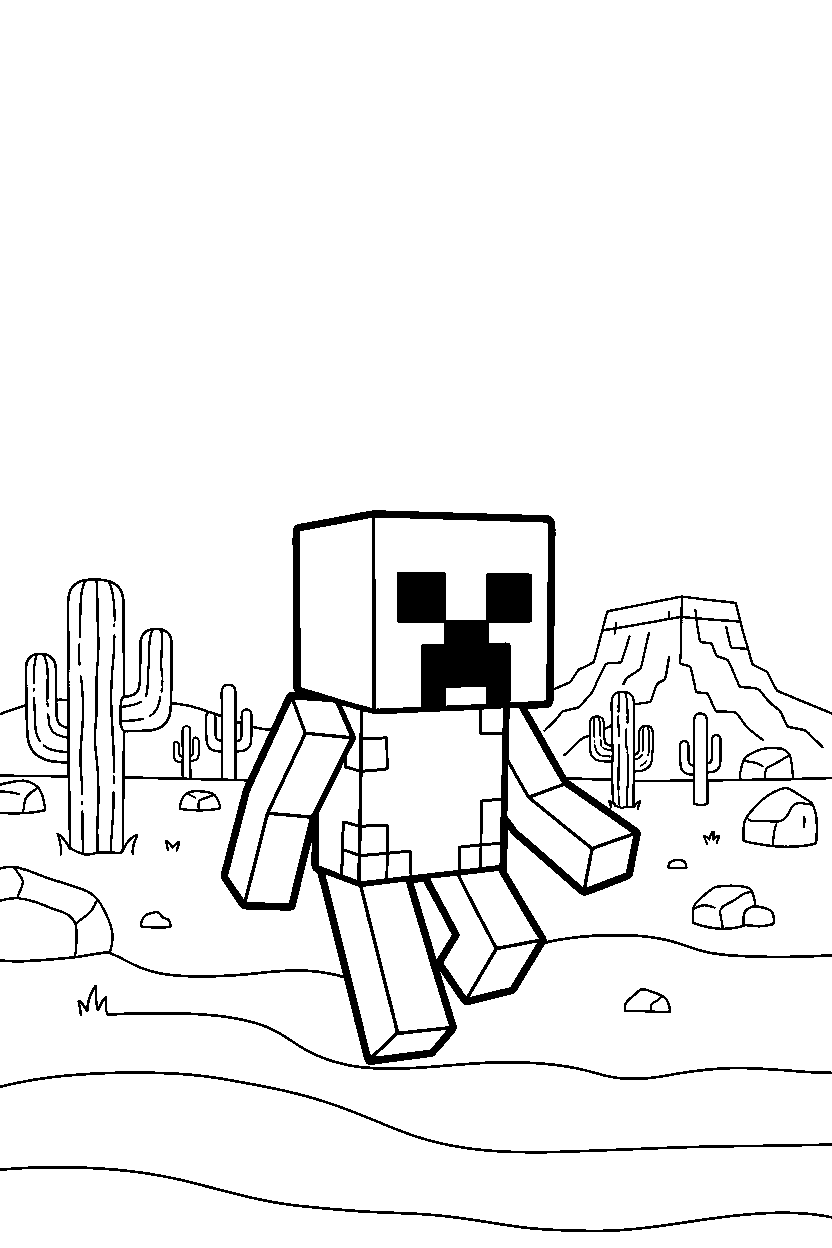 minecraft creeper searching silently in a desert line art