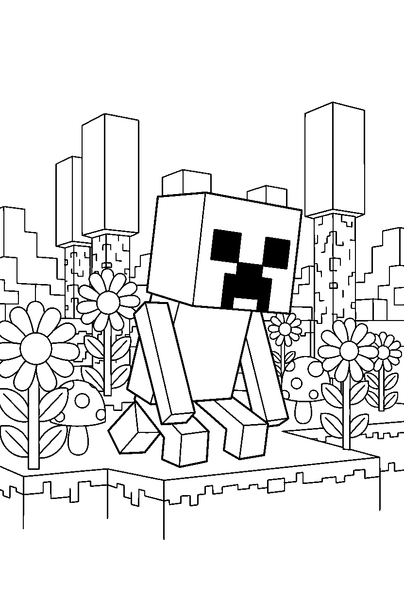 minecraft creeper searching silently in a flower forest line art