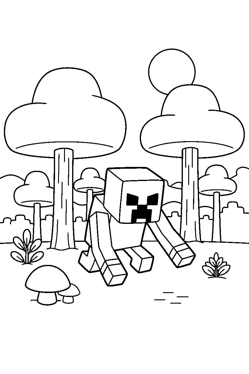 minecraft creeper searching silently in a forest line art