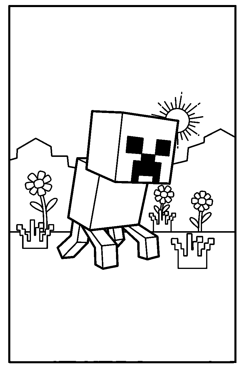 minecraft creeper searching silently in a meadow line art