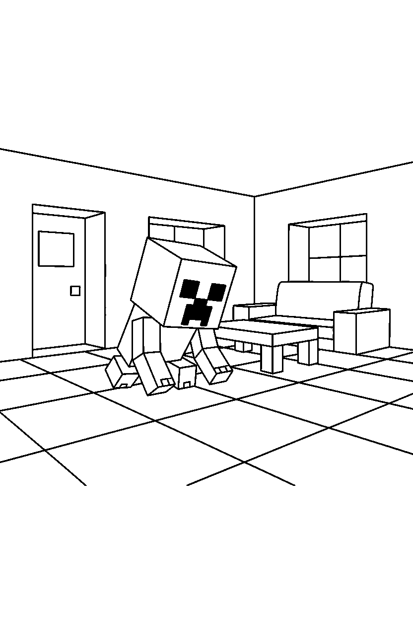 minecraft creeper searching silently inside a house line art