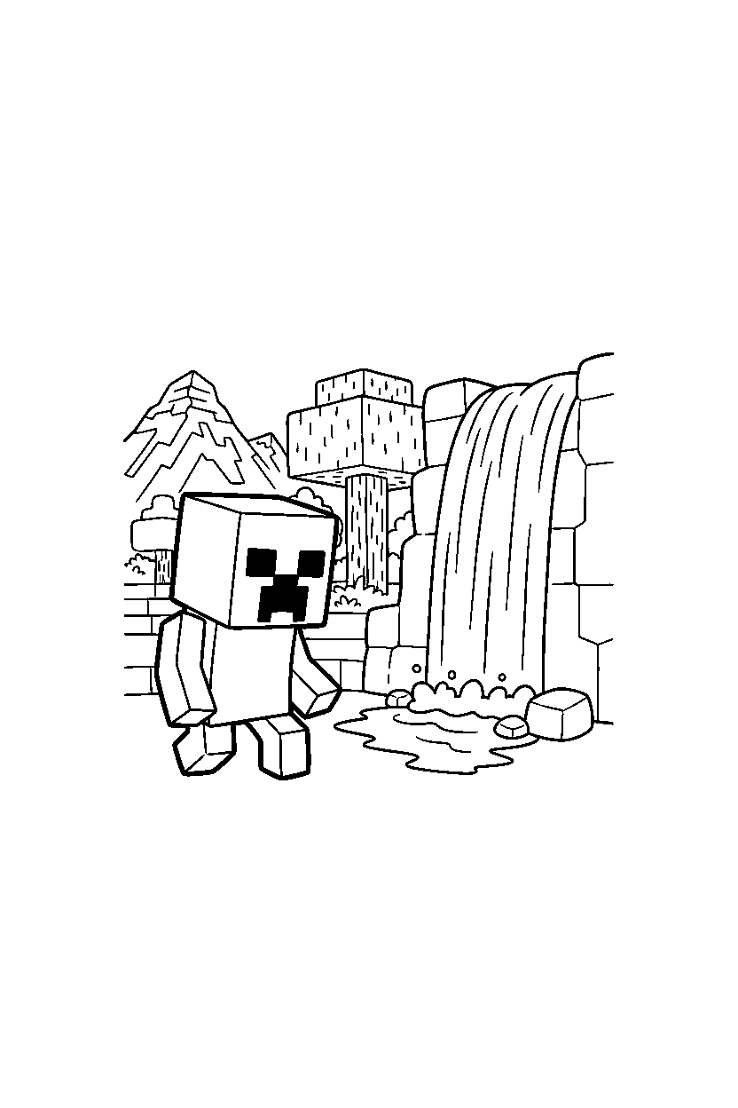 minecraft creeper searching silently near a waterfall line art