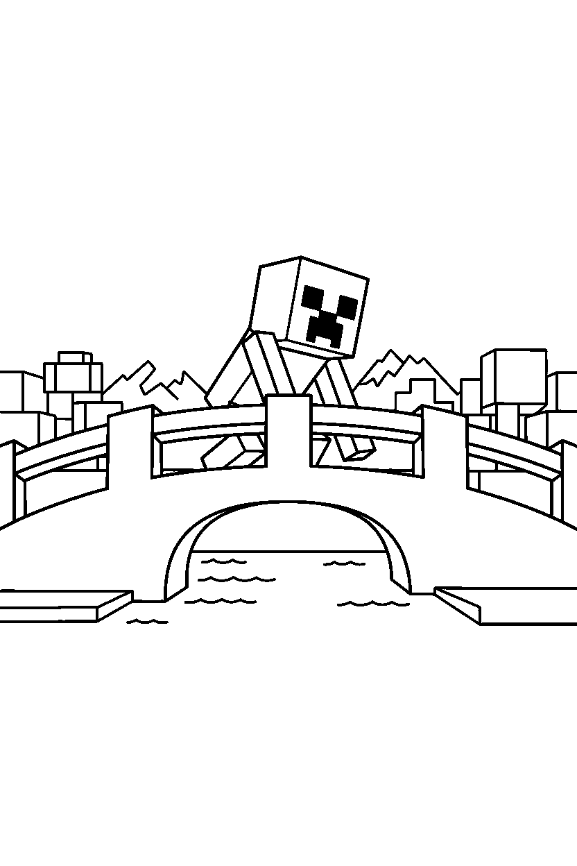 minecraft creeper searching silently on a bridge line art