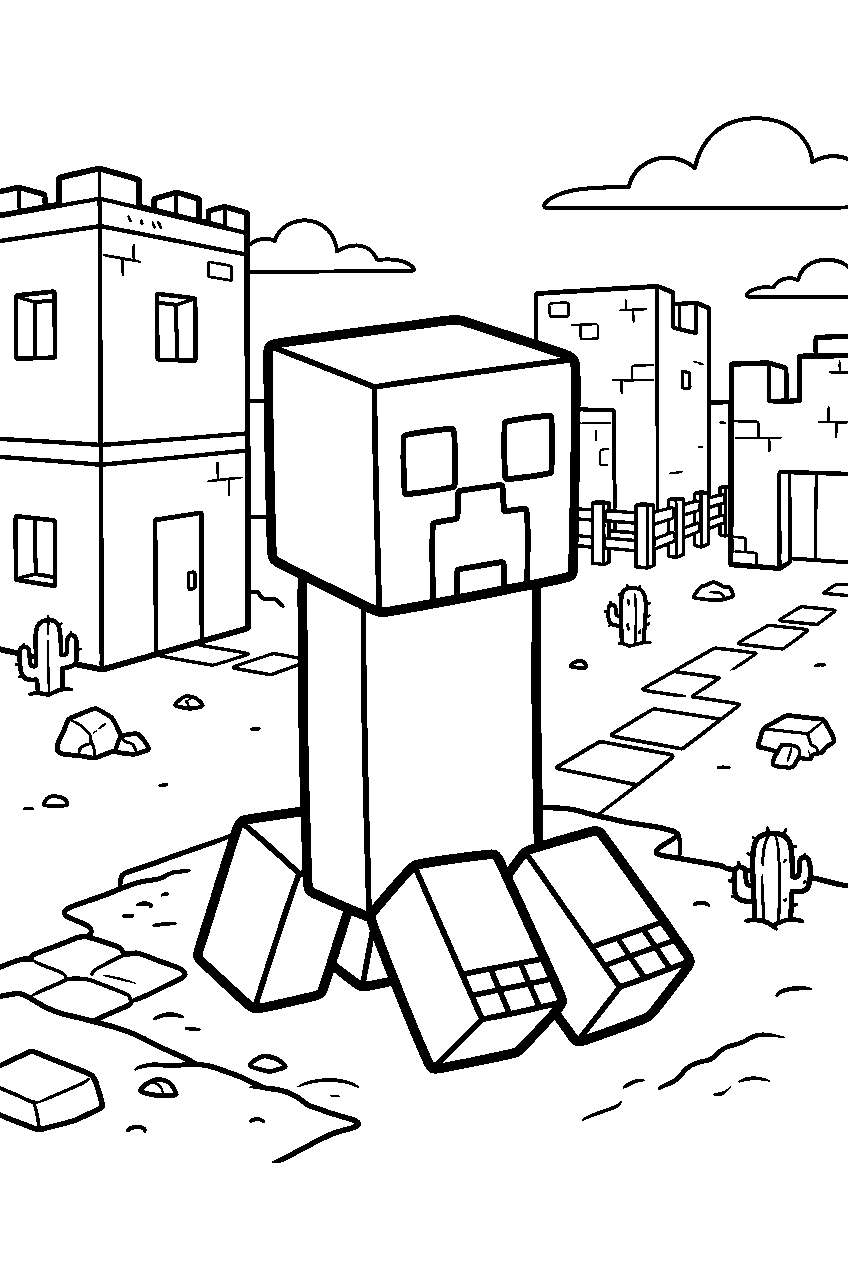 minecraft creeper sitting in desert village line art