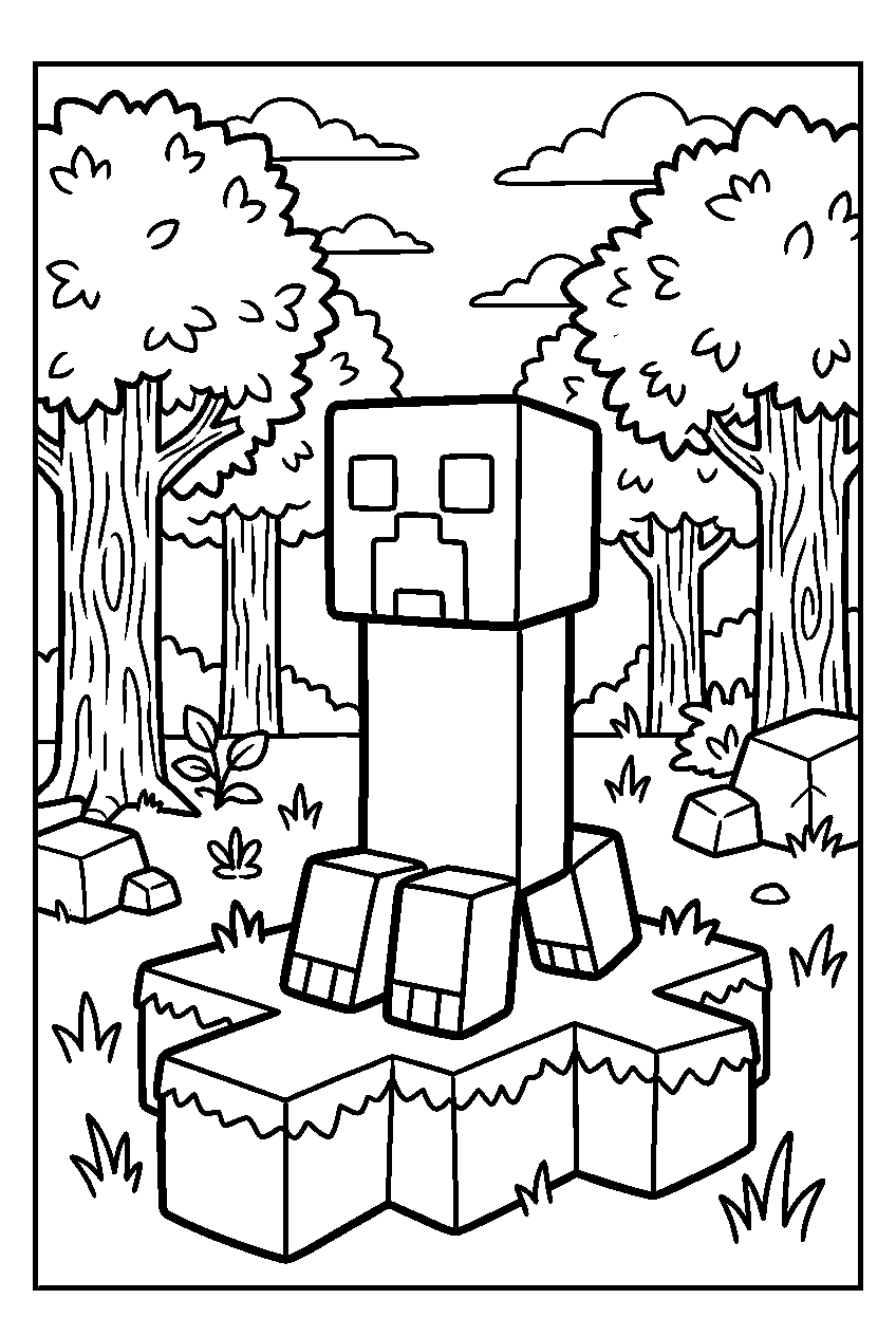 minecraft creeper sitting in forest biome line art