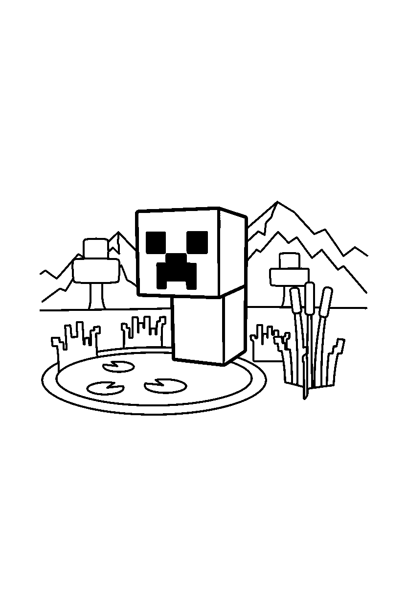 minecraft creeper smiling by pond line art