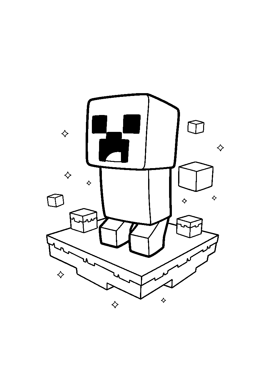 minecraft creeper smiling happily on an end island line art