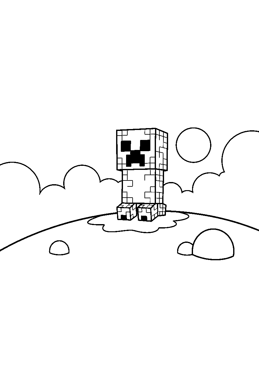 minecraft creeper smiling on snowy hill line art