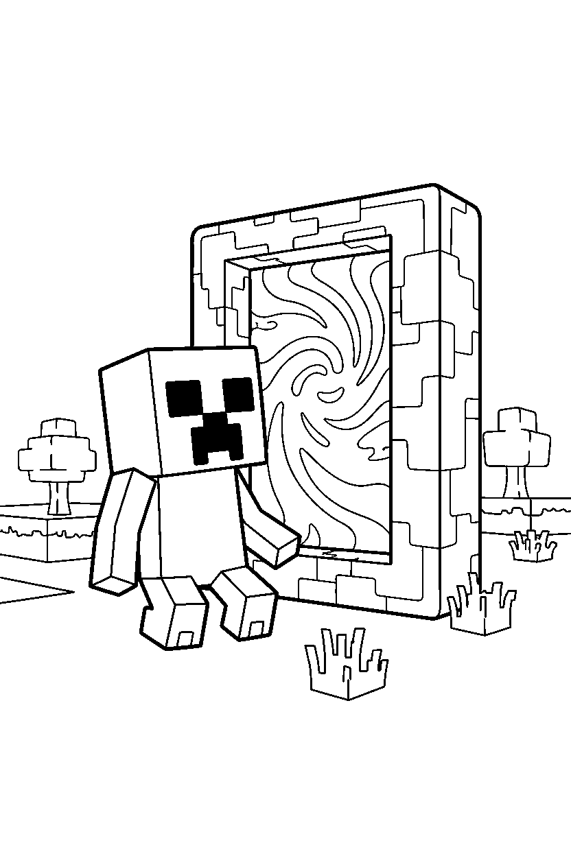 minecraft creeper sneaking carefully near a portal line art