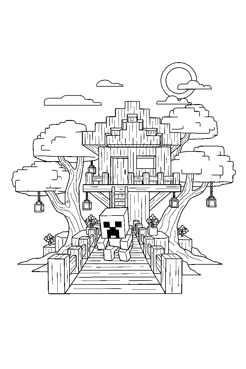minecraft creeper sneaking quietly in a treehouse base line art