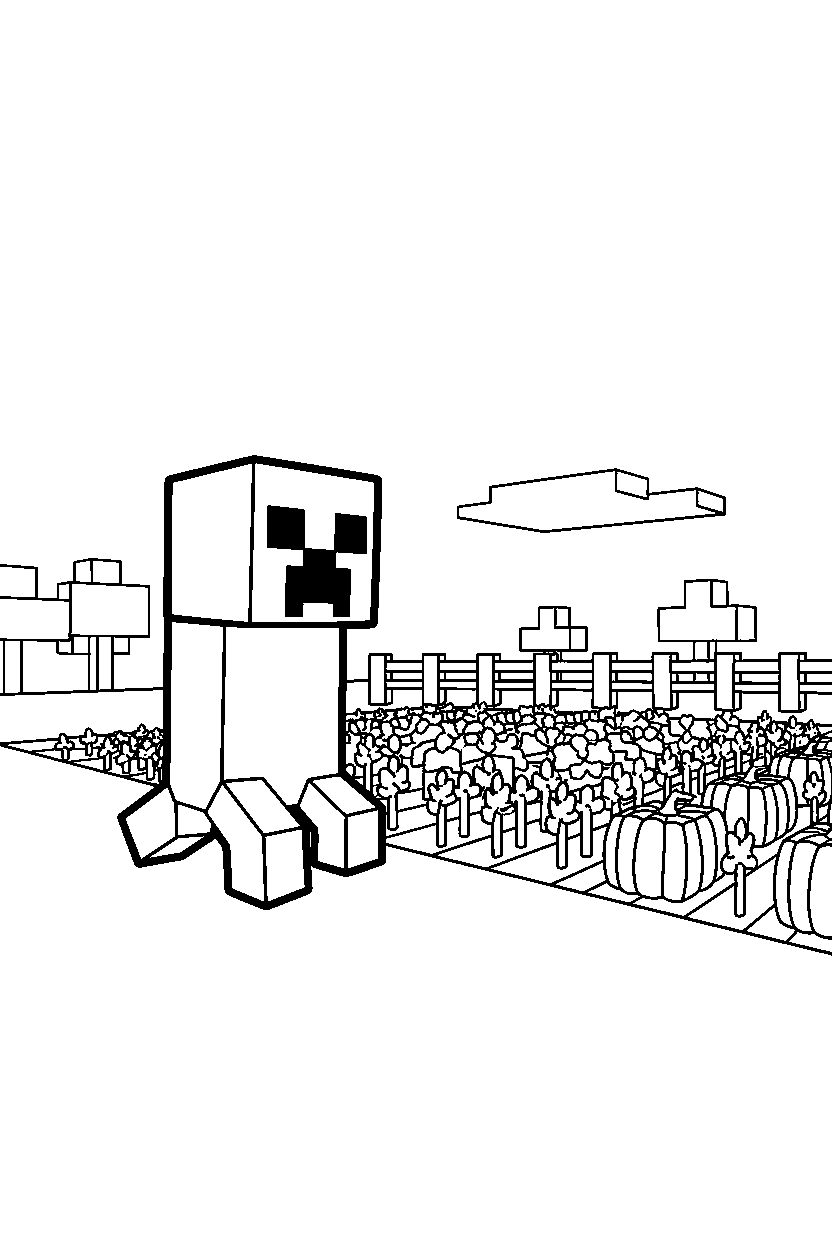 minecraft creeper sneaking slowly near a farm field line art