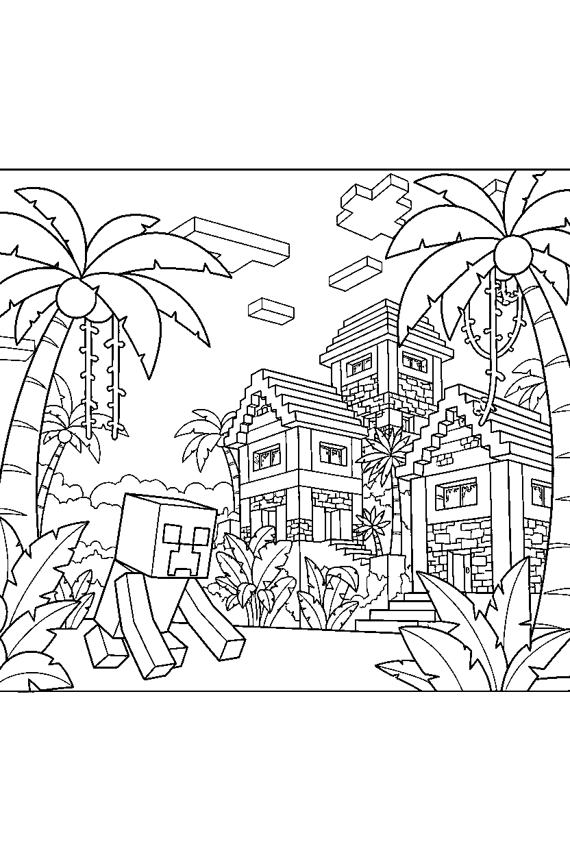 minecraft creeper sneaking toward a village in a jungle line art