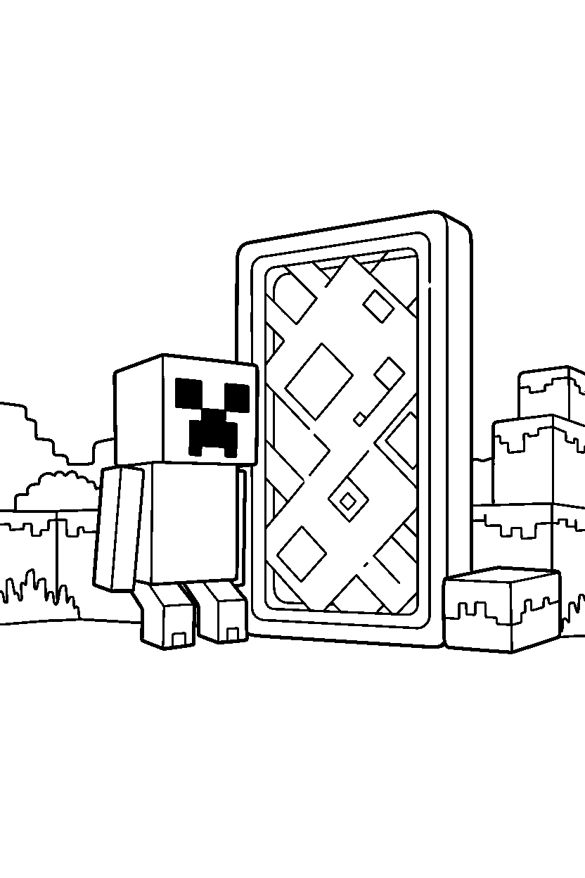 minecraft creeper standing alert near a portal line art