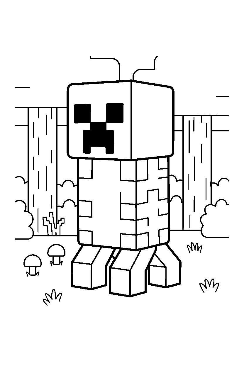 minecraft creeper standing calmly in a forest line art