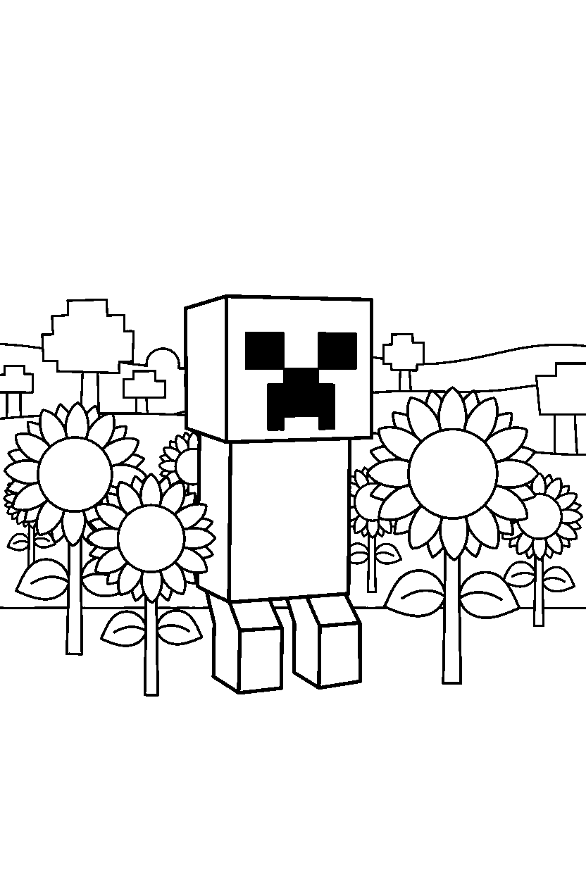 minecraft creeper standing calmly in sunflower plains line art