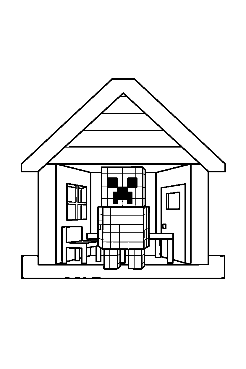 minecraft creeper standing calmly inside a house line art