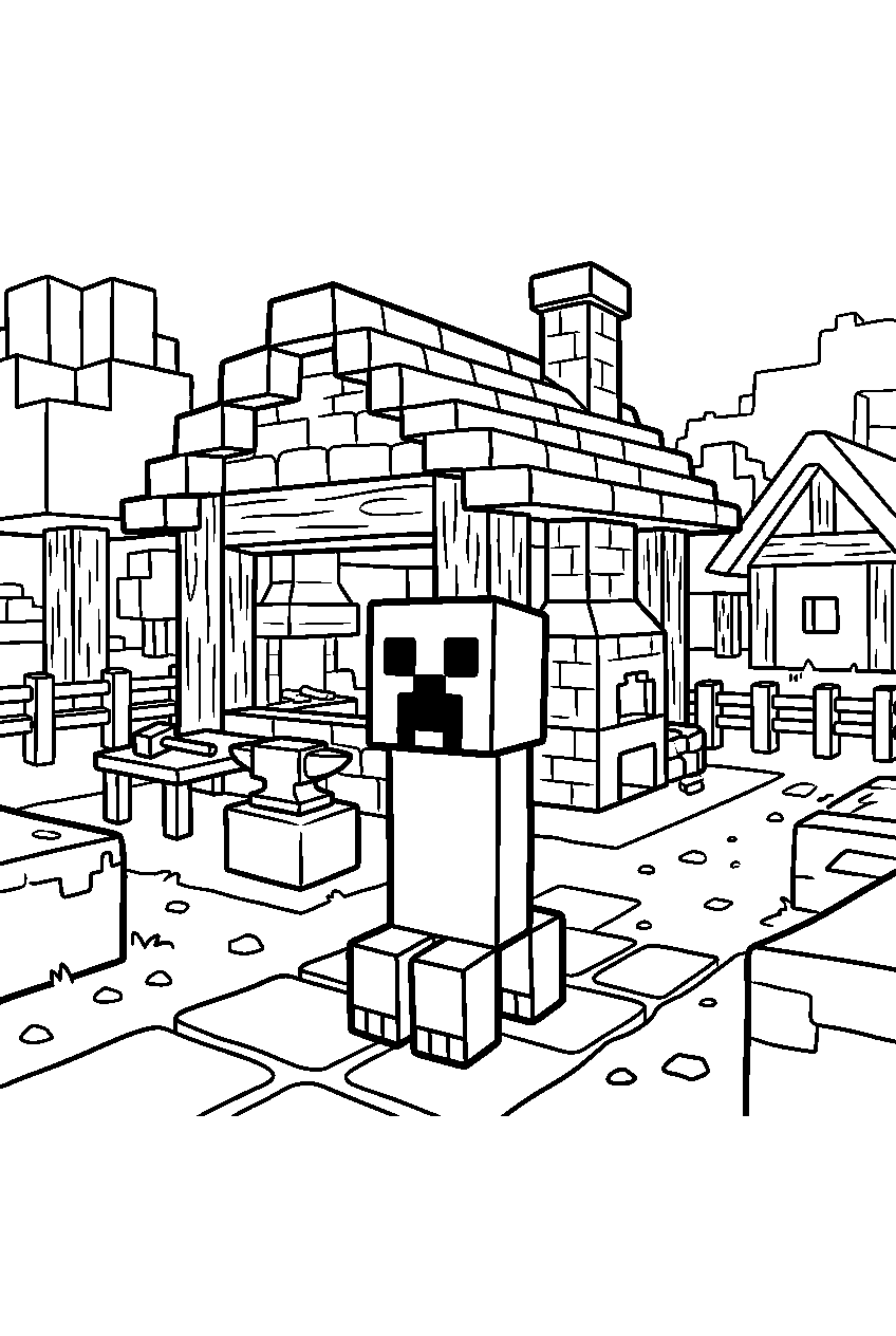 minecraft creeper standing in blacksmith village line art