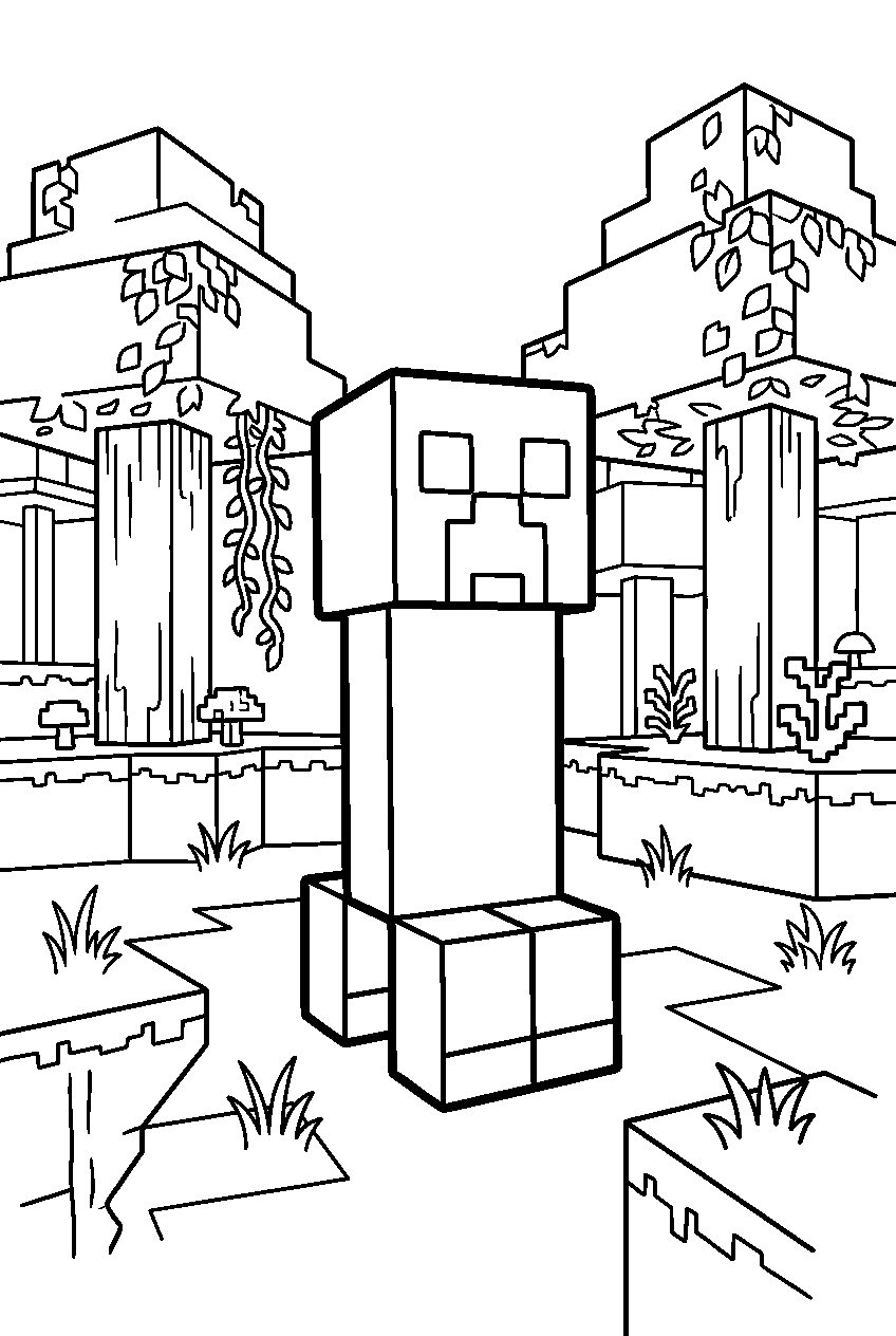 minecraft creeper standing in crimson forest line art