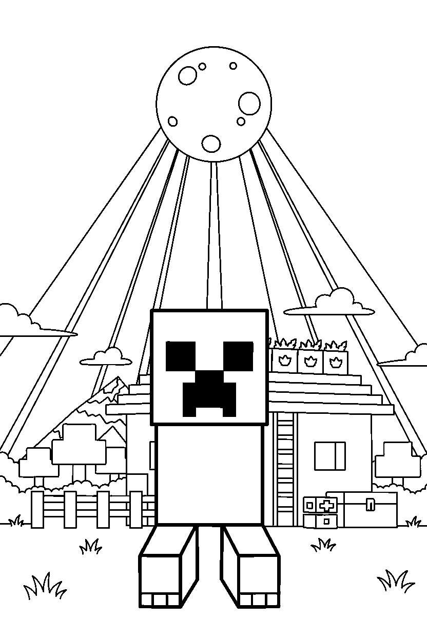 minecraft creeper standing in moonlight in a survival base line art