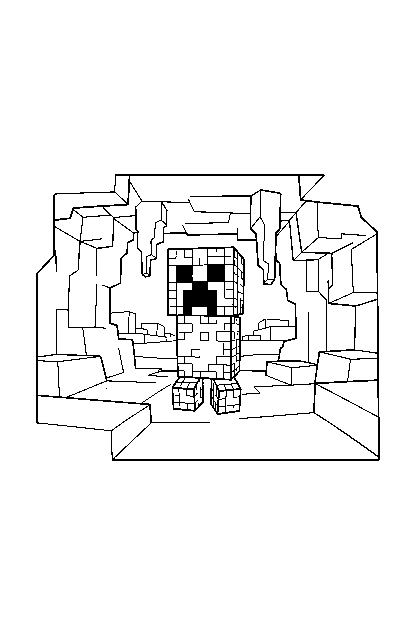 minecraft creeper standing in stone cave line art