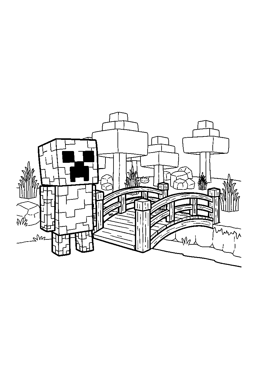 minecraft creeper standing near a wooden bridge in a forest line art
