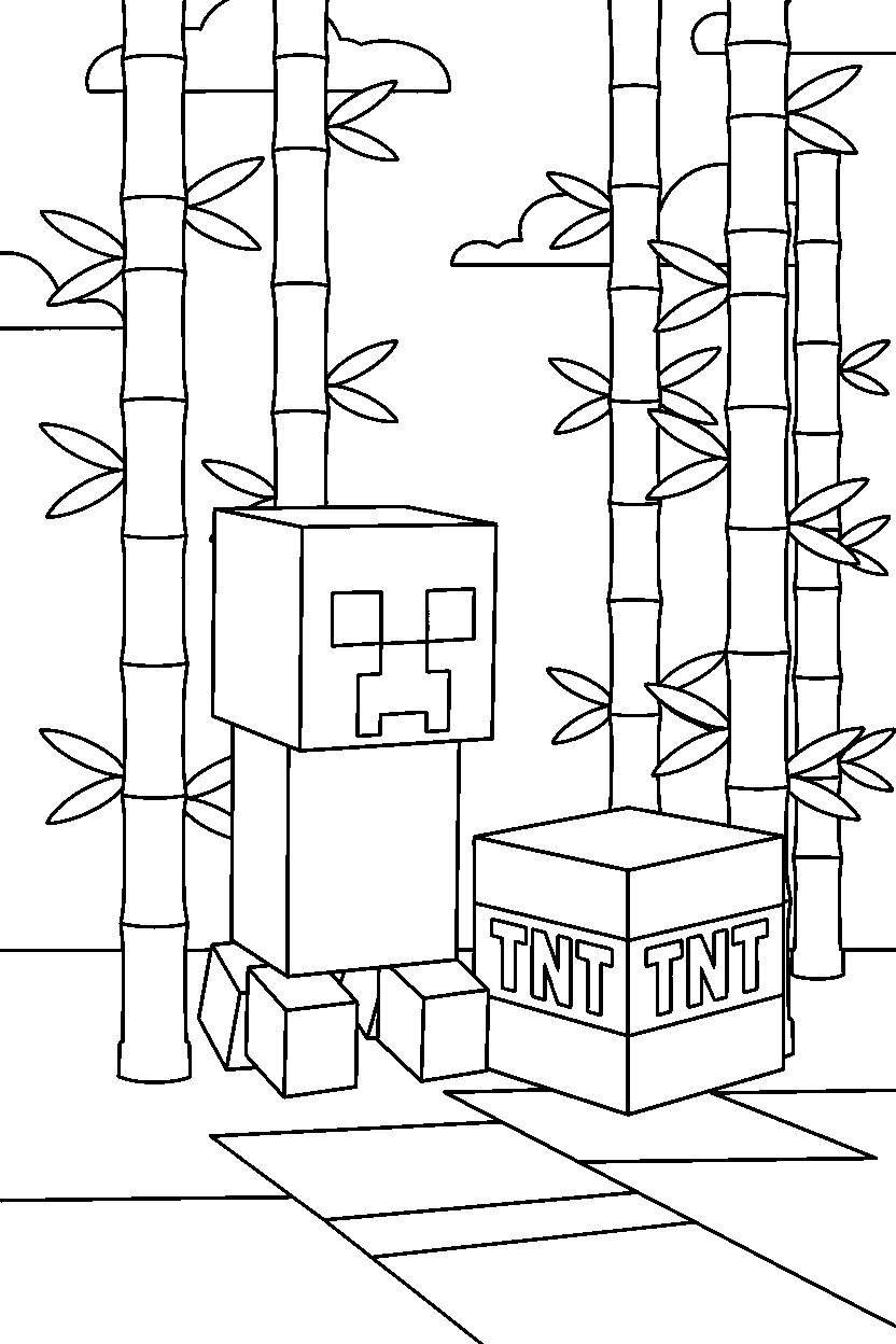 minecraft creeper standing near tnt in a bamboo jungle line art