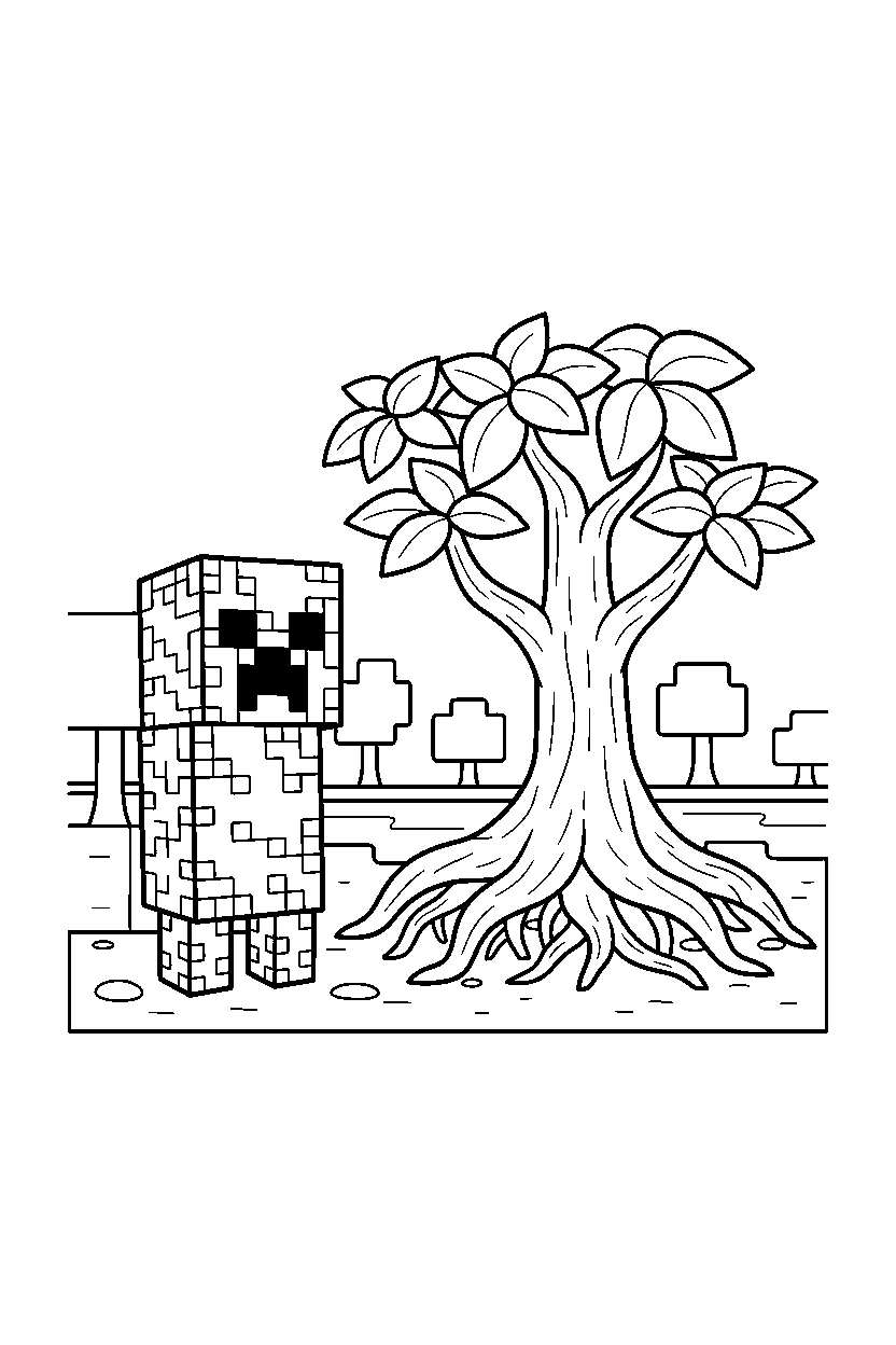 minecraft creeper standing near tree roots in a mangrove swamp line art