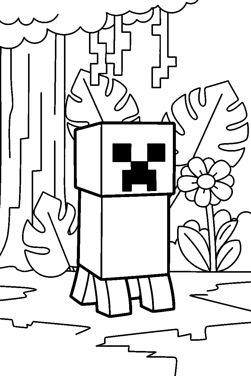 minecraft creeper standing quietly in a jungle line art