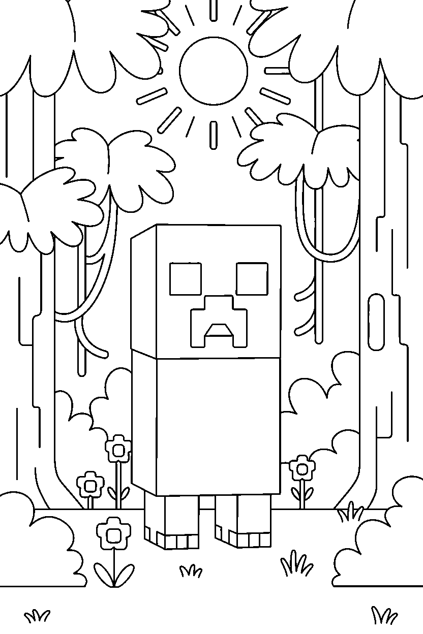minecraft creeper standing quietly in silence in a jungle line art