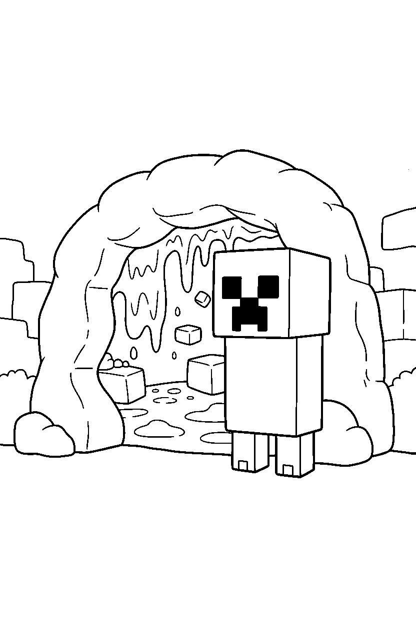 minecraft creeper standing quietly in silence near a lava cave line art