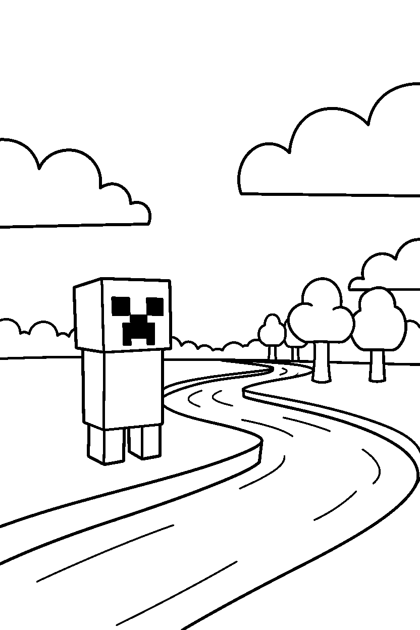 minecraft creeper standing quietly near a river line art