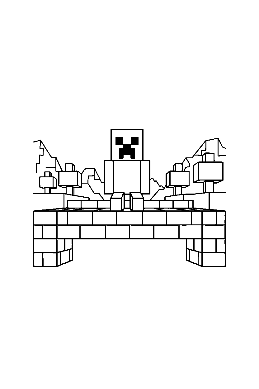 minecraft creeper standing quietly on a bridge line art