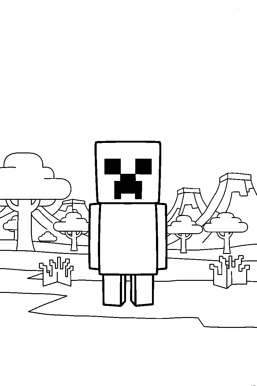 minecraft creeper standing still quietly in a savanna line art