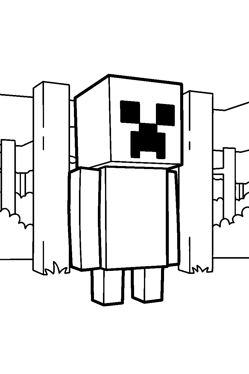 minecraft creeper standing still silently in a forest line art