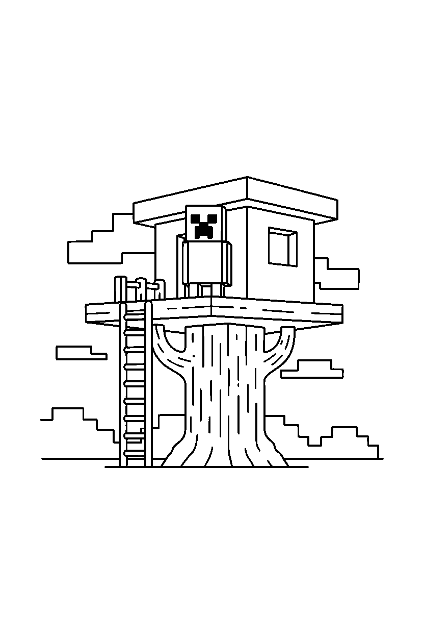 minecraft creeper standing still silently in a treehouse base line art