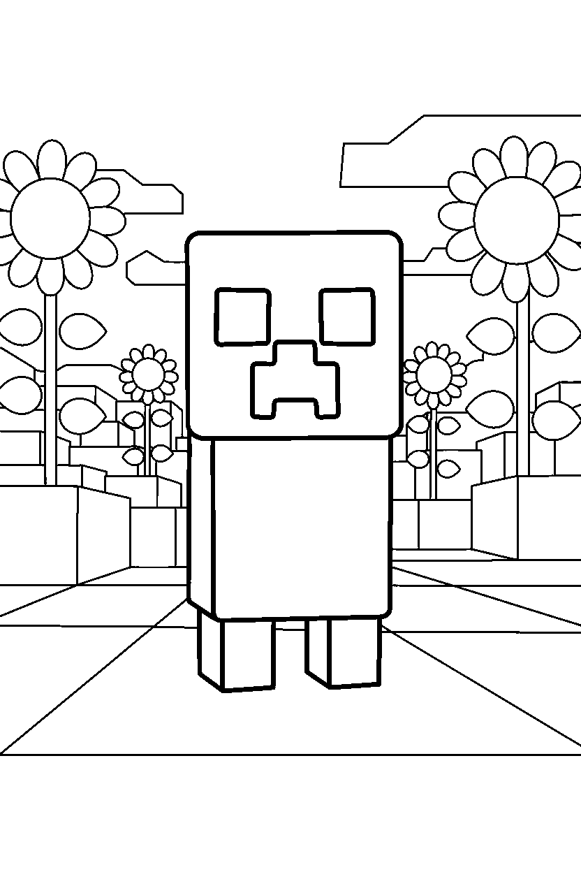 minecraft creeper standing still silently in sunflower plains line art