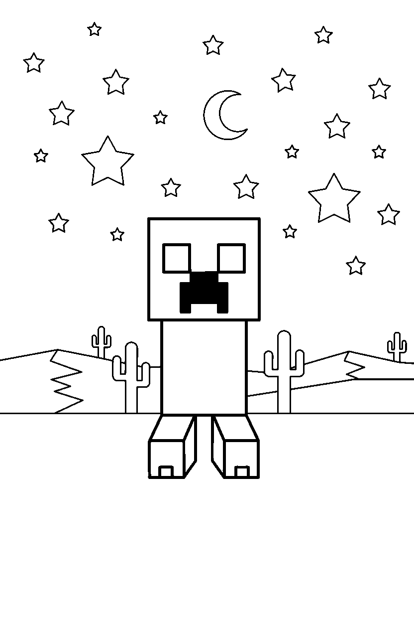 minecraft creeper standing under a starry sky in a desert line art