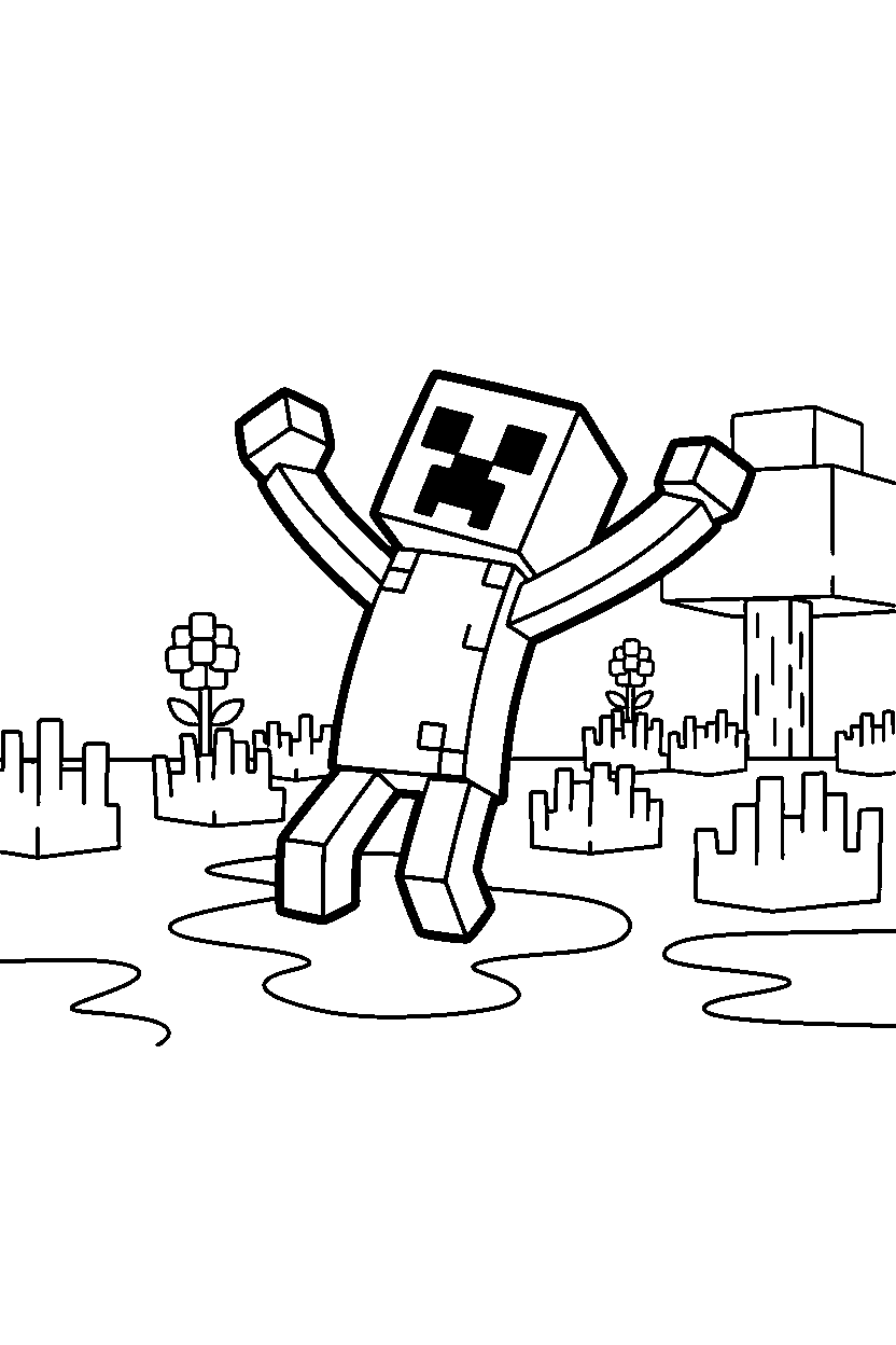 minecraft creeper stretching in grassy area line art