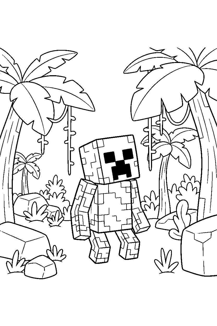 minecraft creeper studying the surroundings in a jungle line art