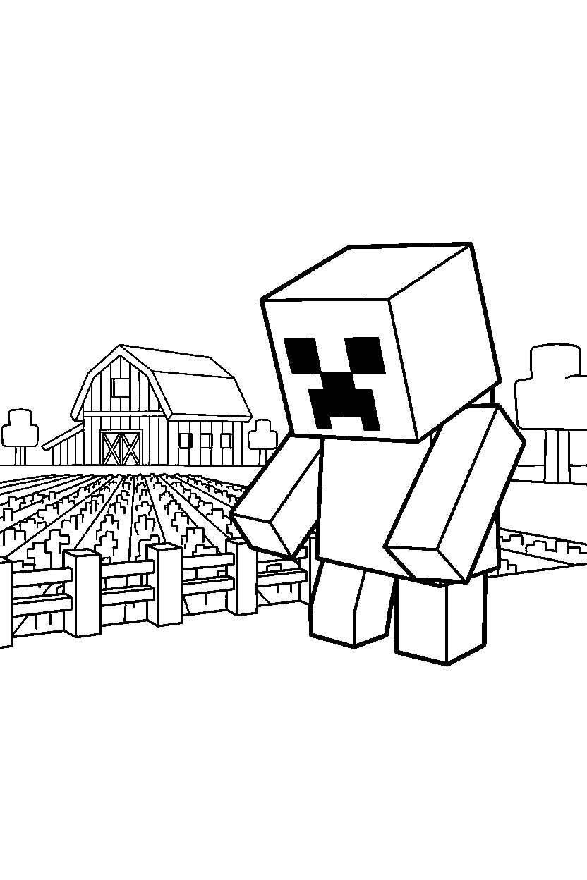 minecraft creeper studying the surroundings near a farm field line art