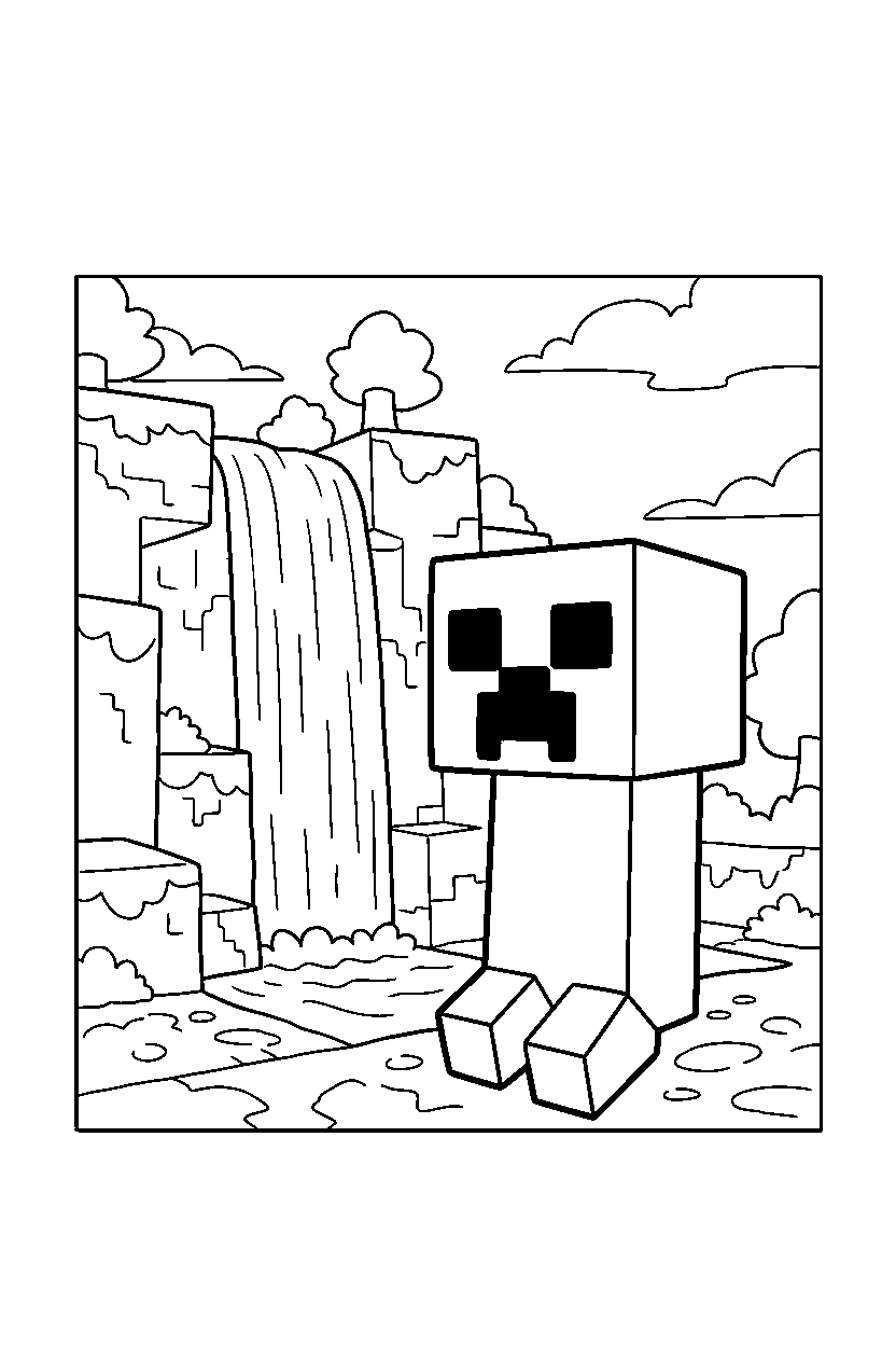 minecraft creeper studying the surroundings near a waterfall line art