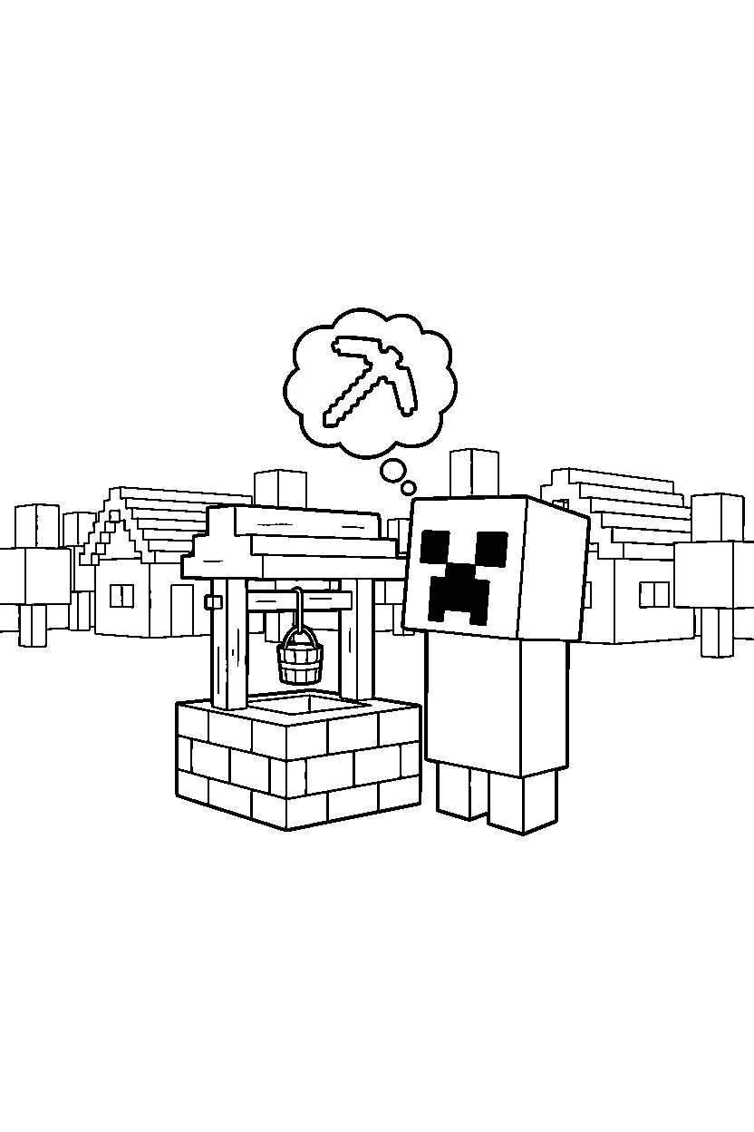 minecraft creeper thinking at village well line art