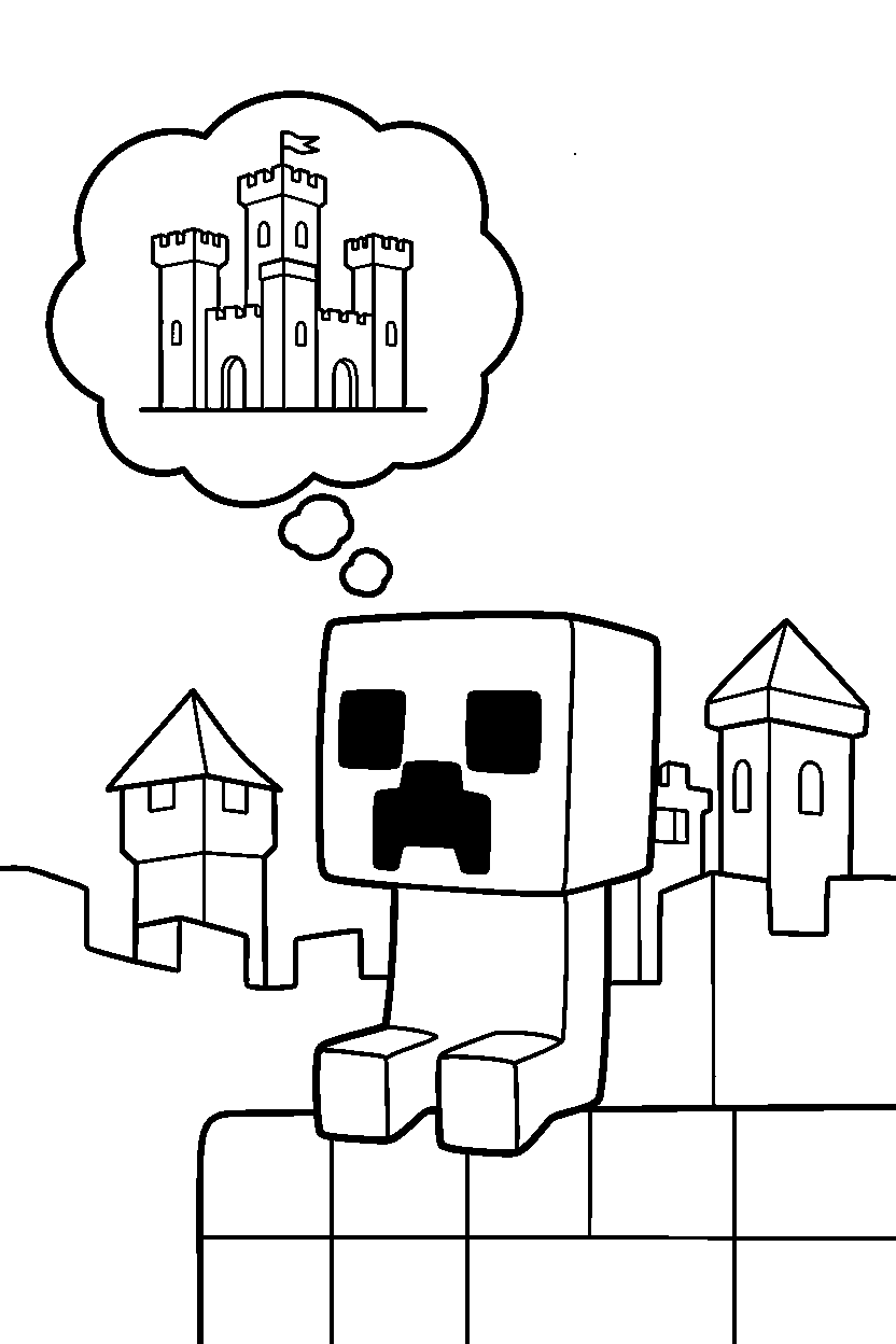 minecraft creeper thinking in castle line art