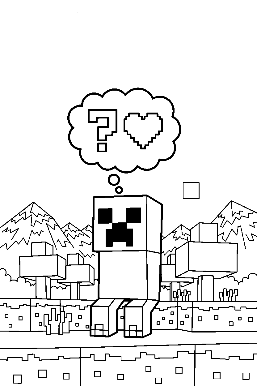 minecraft creeper thinking in start area line art