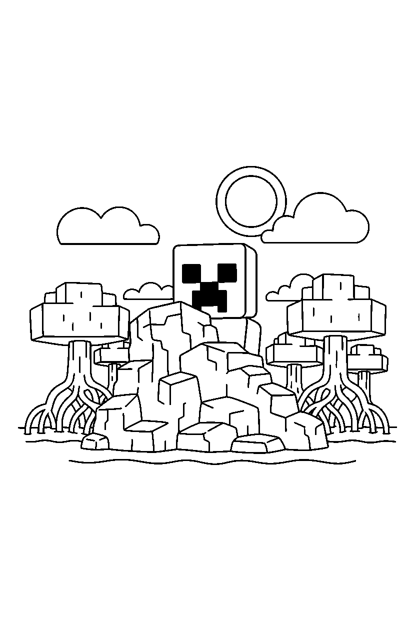 minecraft creeper waiting behind a rock in a mangrove swamp line art